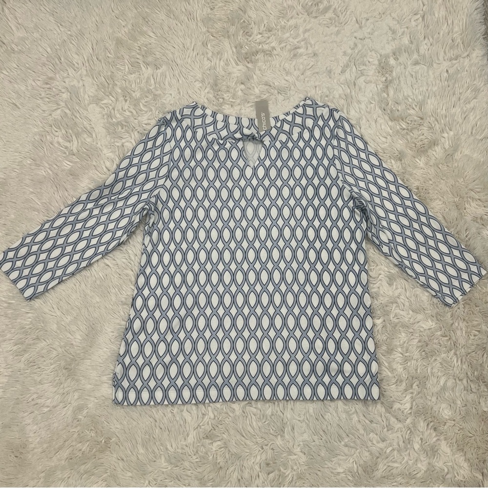 NEW Chico’s Pima Cotton Geo Twist Tee Top Large White Blue Convertible Blouse - Picture 5 of 10